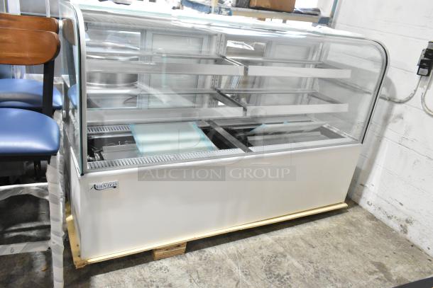 Brand new Avantco 193BC72HCW 72" white refrigerated bakery display case with curved glass and minor side glass damage.