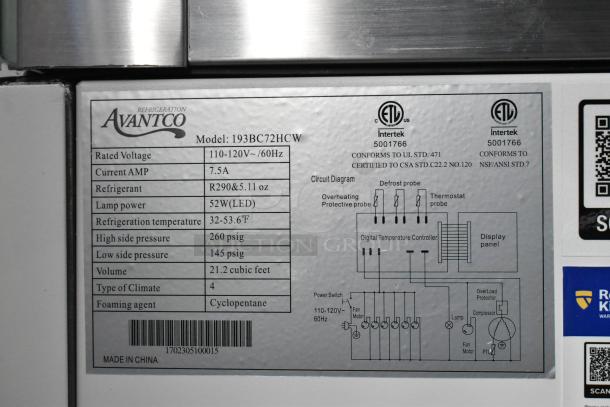 Avantco 193BC72HCW label showing specifications: 110-120V, 7.5A, R290 refrigerant, 52W LED, -32-53.6°F, 21.2 cu ft, Cyclopentane.
