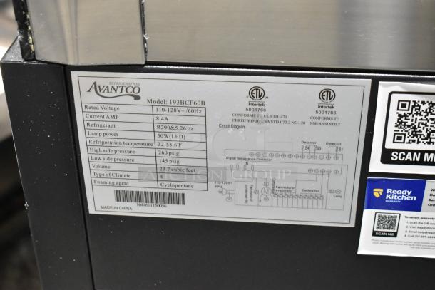 Brand new Avantco 193BCF60B refrigerated bakery display case, 59 1/8", square glass, black. Top glass damage visible.