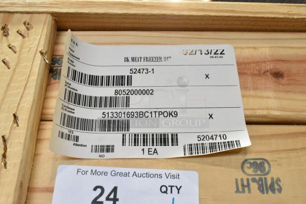 BRAND NEW 2022 H&K 52473-1 stainless steel commercial French fry freezer, 115V, in crate with label showing model and serial number.