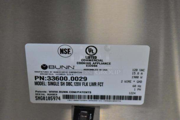 Bunn 2024 SINGLE SH DBC stainless steel commercial brewer label, model 33600.0029, 120V, NSF and UL certified.