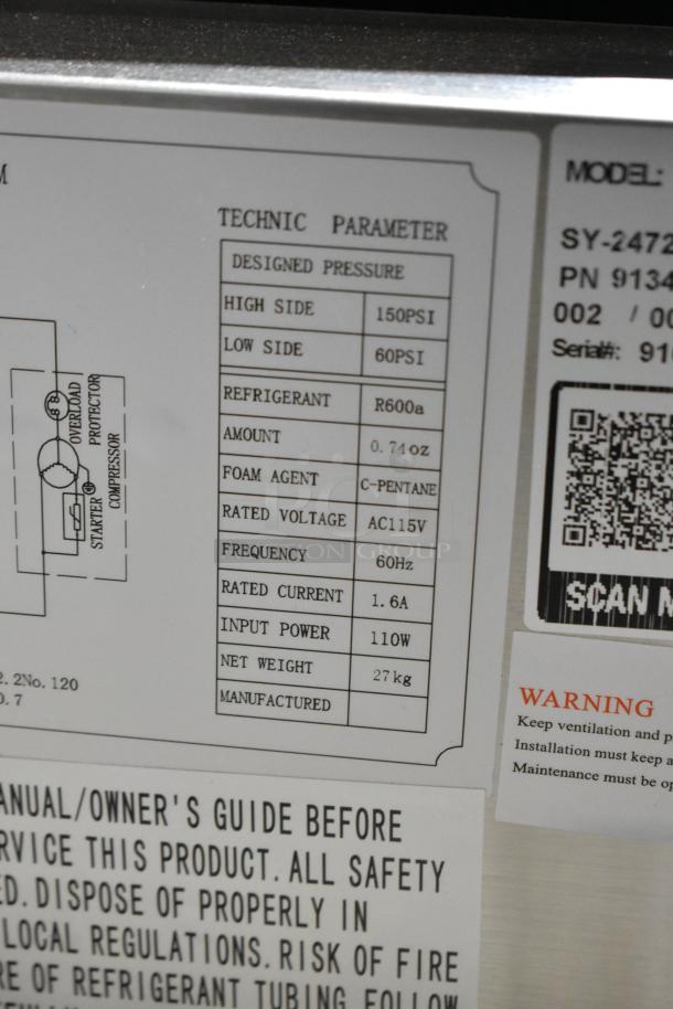 Avantco 360CPT54 stainless steel prep rail label with technical specifications, including refrigerant type R600a and 115V voltage.
