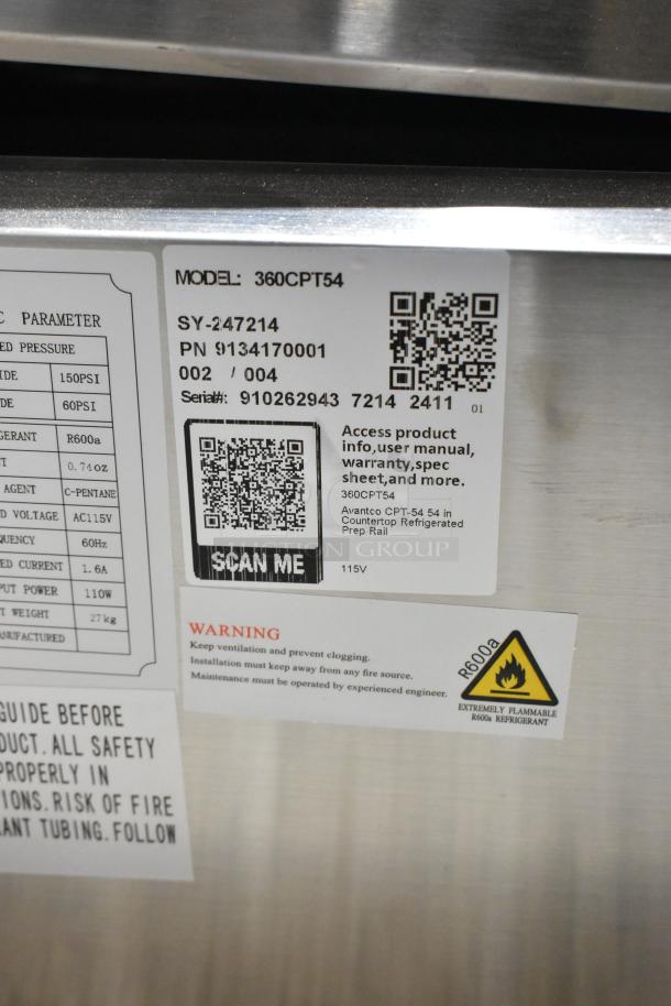 Brand new Avantco 360CPT54 stainless steel 54" refrigerated prep rail, scratch and dent condition, 115V, 1 phase.