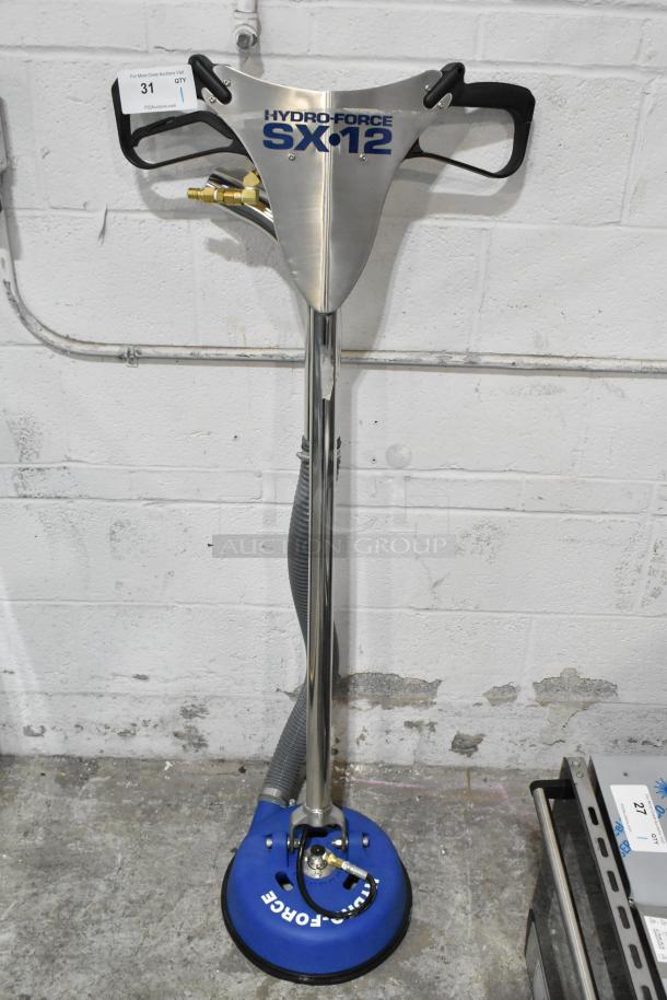 BRAND NEW 2024 HydroForce SX12 cleaning tool, stainless steel, blue base, handles, hose attachment, slight scratches.