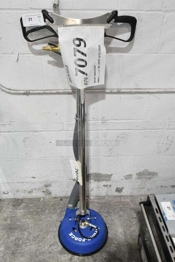 Brand new 2024 HydroForce SX12 hard surface cleaning tool, scratch and dent, vertical handle, visible labeling, blue base.