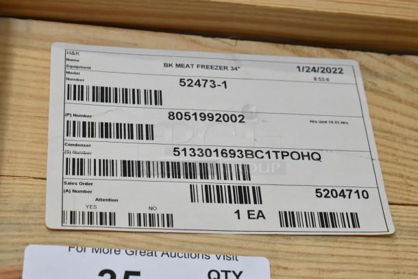 Alt text: Label on H&K 52473-1 freezer crate; model, production info, and barcodes visible.