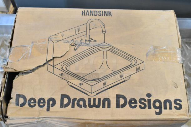 Box for new Advance Tabco 7-PS-66 wall mount sink, labeled "Handsink," slight box damage, stainless steel, single bay.