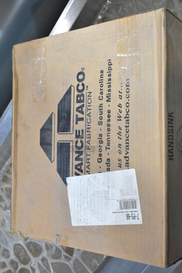 Box with Advance Tabco logo, model 7-PS-66, for stainless steel single bay wall mount sink. Labeled "HAND SINK".