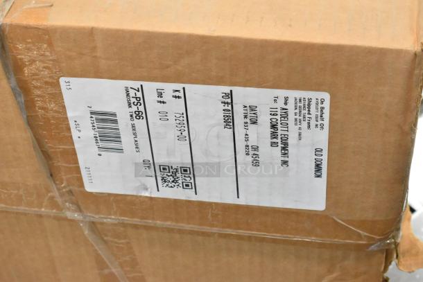 Cardboard box with label for Advance Tabco 7-PS-66 Stainless Steel Wall Mount Sink, marked "BRAND NEW SCRATCH AND DENT".