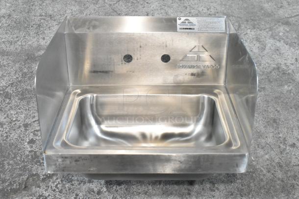 Advance Tabco 7-PS-66 stainless steel single bay wall mount sink, brand new with minor dents, visible branding and model label.
