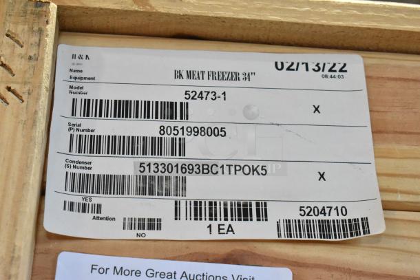 Label on wooden crate for H&K 52473-1 stainless steel commercial French fry freezer. Model and serial numbers visible.