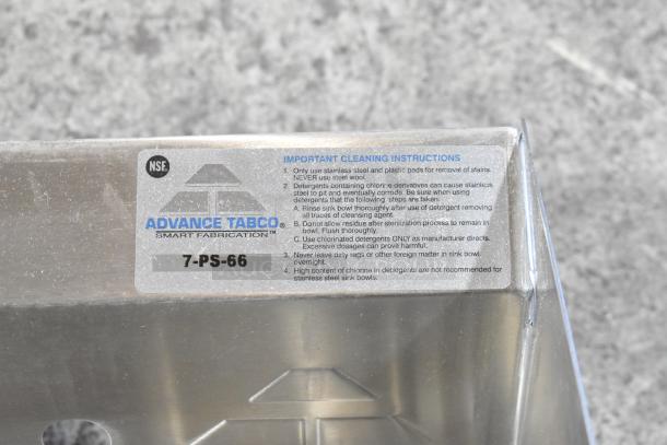 Brand new Advance Tabco 7-PS-66 stainless steel wall mount sink. Features single bay, scratch and dent condition, visible cleaning instructions.