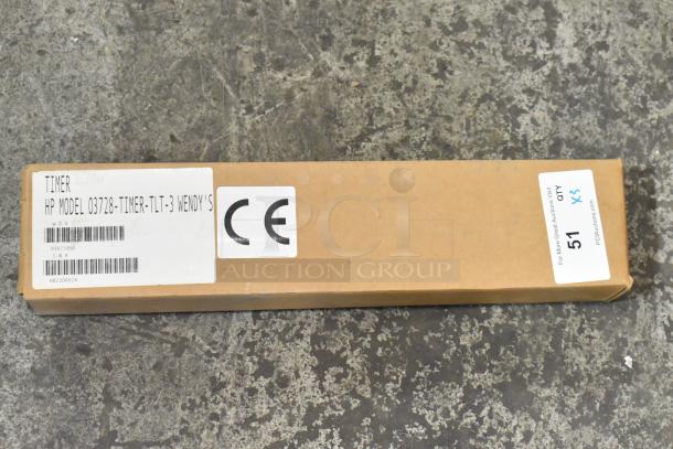 Brand new HP 03728-TIMER-TLT-3 Three Lane Timer in box. Includes CE label and product details, offering 3 units.