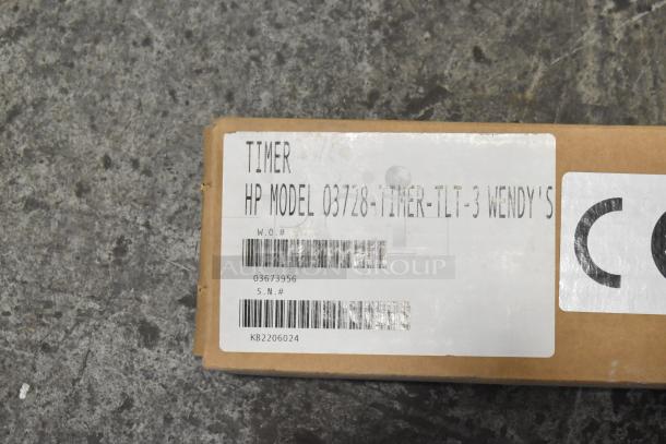 Brand new HP 03728-TIMER-TLT-3 Three Lane Timer in box, labeled for Wendy's use. Box shows barcode and serial numbers.