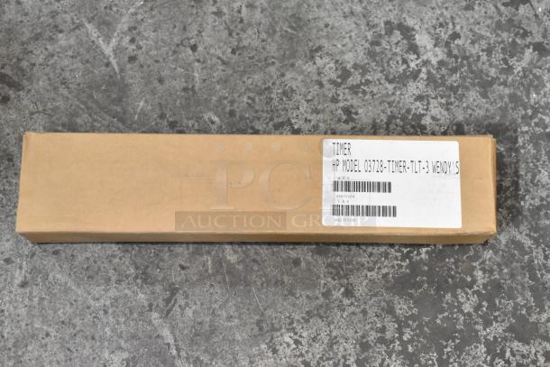 Brand new HP 03728-TIMER-TLT-3 Three Lane Timer in box, with labeling showing model and serial numbers.