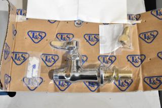 BRAND NEW T&S B-0205-LN faucet base, single deck mounted, with Eterna cartridge for cold. Marked T&S packaging.