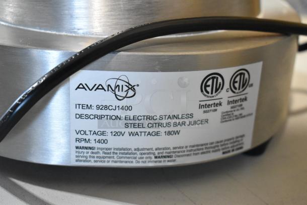 BRAND NEW SCRATCH AND DENT AvaMix 928CJ1400 stainless steel citrus bar juicer, 120V, 1 Phase, 180W, 1400 RPM.