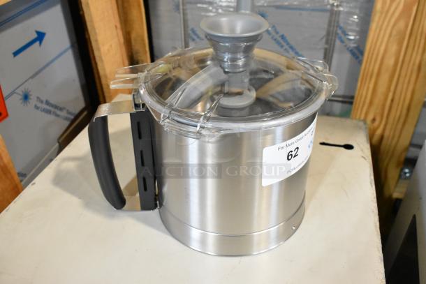 Brand new Robot Coupe 27338 stainless steel bowl assembly, scratch and dent, with label showing auction number 62.