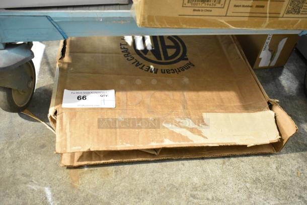 Box of American Metalcraft 18916SP 16" super perforated aluminum pizza disks, new, slight box damage. Auction label visible.