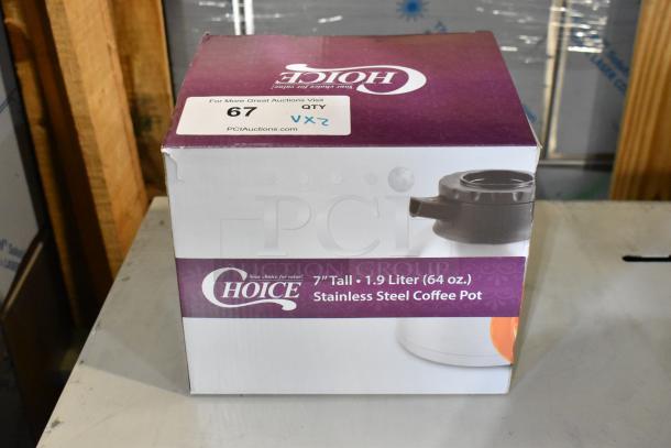 Box of Choice 64 oz. Insulated Thermal Coffee Carafe/Server with lids, new, slight box damage. Size: 7" x 6 3/8".