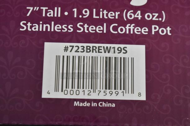 Choice 64 oz. Insulated Thermal Coffee Carafe with brew-thru lids and stainless steel build. Model #723BREW19S. Made in China.