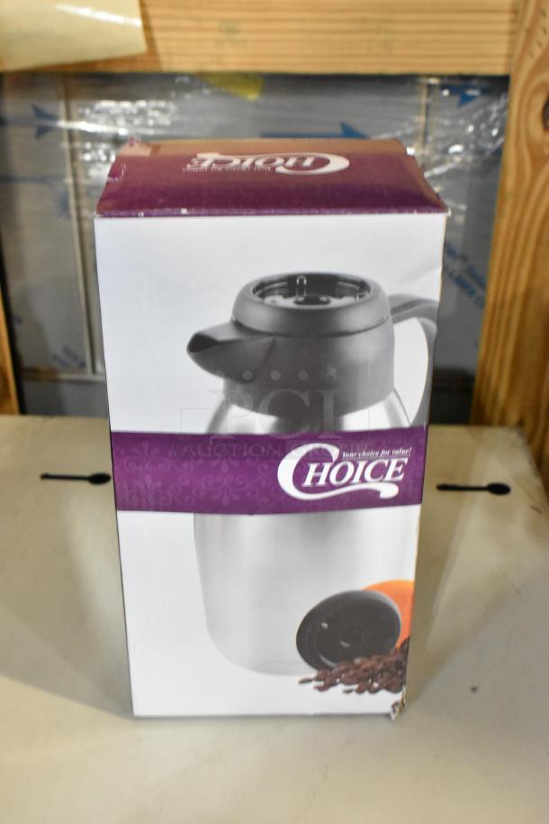 Choice 64 oz. Insulated Thermal Coffee Carafe in box, includes regular and decaf lids, scratch and dent, new condition.