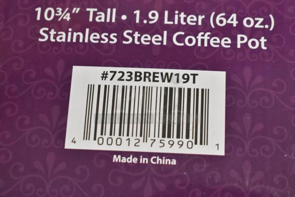 Barcode and label for Choice 64 oz. Insulated Thermal Coffee Carafe, model 723BREW19T, made in China.