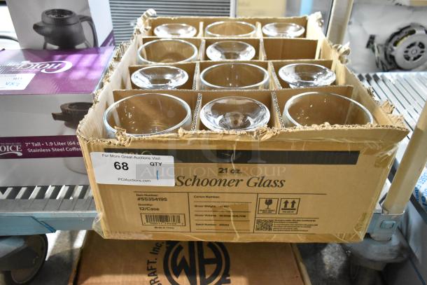 Box of 11 BRAND NEW SCRATCH AND DENT Acopa 21 oz. schooner glasses, item #5535419S, with visible packaging details.