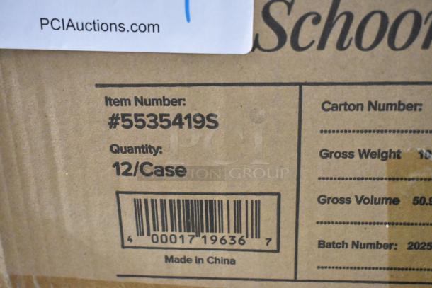 Box of Acopa 21 oz. Schooner Glasses, item #5535419S, labeled "12/Case", "Made in China", new condition with minor scratches.