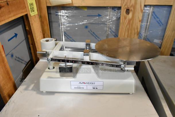 BRAND NEW AvaWeigh 334SBD16 baker's dough scale, 16 lb. capacity, with 5 weights. Model label visible. Scratch and dent condition.