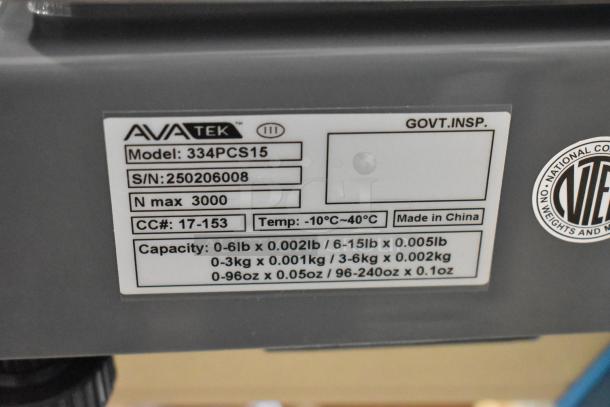 BRAND NEW AvaTek PCS15 15 lb. Digital Price Computing Scale, Legal for Trade Model 334PCS15, tags show capacity and temp range.