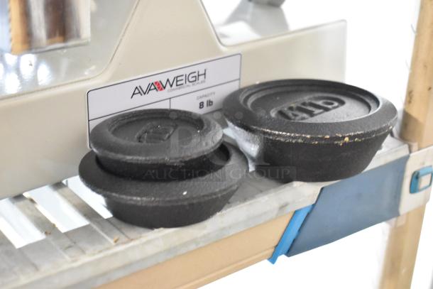 BRAND NEW AvaWeigh 334SBD8 baker's dough scale, 8 lb. capacity, includes 3 weights, minor cosmetic flaws visible.