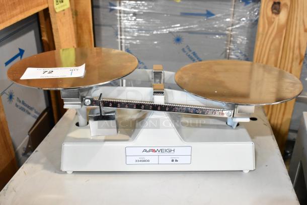 Brand new AvaWeigh 334SBD8 dough scale, 8 lb capacity, includes 3 weights, minor scratches, model label visible.