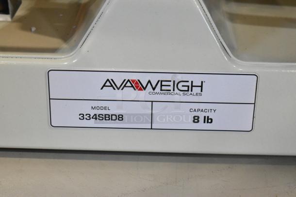 Alt Text: "AvaWeigh 334SBD8 Baker's Dough Scale, 8 lb capacity, brand new with scratch and dent. Includes three weights."