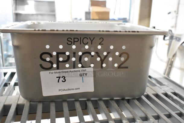 BRAND NEW Lasertech Metal Works "Spicy 2" barcoded engraved perforated food pan, 6" deep, item 3193LTM093 with minor scratches.