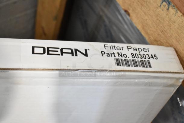 Box of Dean Frymaster 8030345 filter paper, 17"x33.25", 100/pack. Part No. 8030345 visible. Brand new, scratch and dent condition.