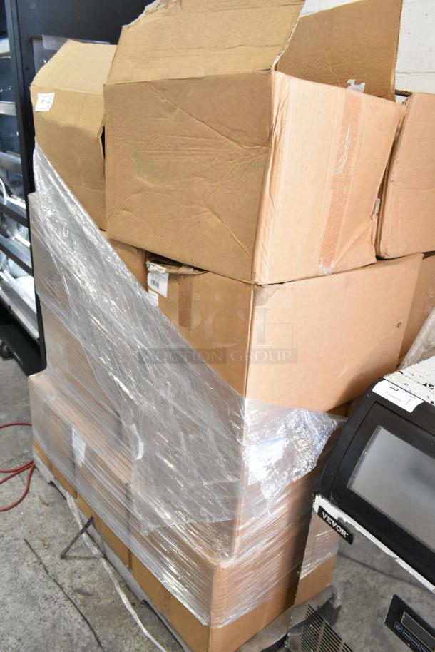 20 boxes of new paper bags shrink-wrapped on a pallet, each showing intact packaging, ready for auction.