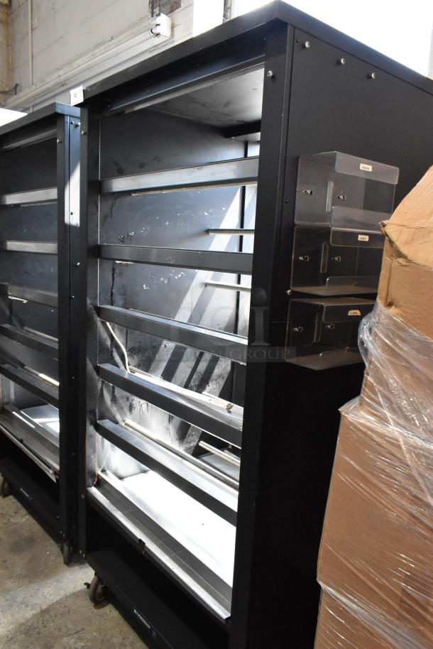 Lakeside metal bakery display rack on commercial casters; includes shelves for bagels and pastries. 