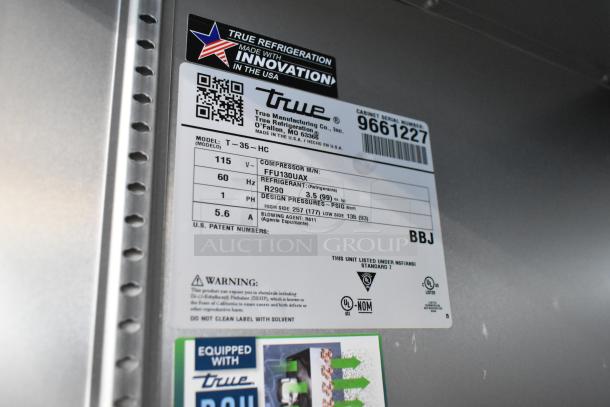 2019 True T-35-HC 2 Door Cooler label showing specs: 115 volts, 1 phase, R290 refrigerant, UL listed, NSF compliant.