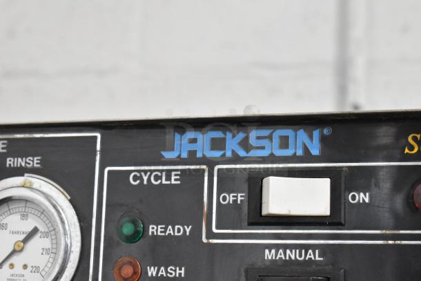 Jackson 150B Stainless Steel Commercial Dishwasher control panel, featuring cycle settings and temperature gauge.