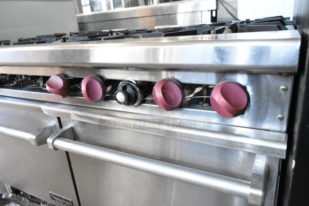 2018 Therma-Tek TMD48-8-2N stainless steel 8 burner range with 2 ovens, natural gas, red knobs, commercial use.