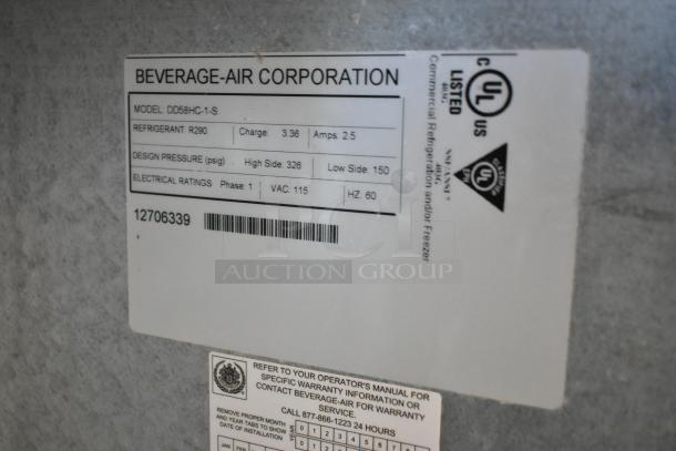 Beverage Air DD58HC-1-S kegerator label showing model details, refrigerant R290, 115V, 1-phase electrical ratings.