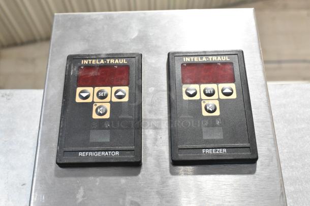 Traulsen RDT332NUT-HHS control panel close-up; dual digital displays for refrigerator and freezer settings, stainless steel surface.