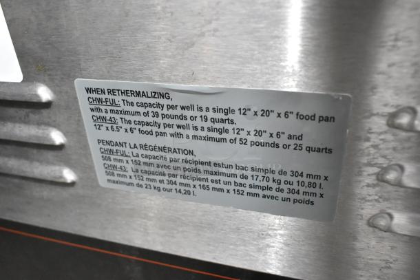 Hatco CHW-43 Stainless Steel Food Warmer, 120V, 1 Phase; shows capacity label detailing dimensions and weight limits.