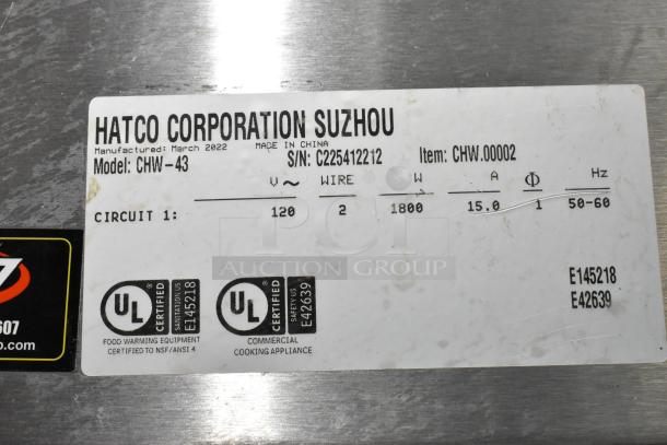 Hatco CHW-43 stainless steel food warmer label, 120V, 1 phase, model details, and UL certifications visible.