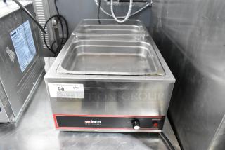 Winco FW-S500 stainless steel food warmer, 120V, 1 phase, excellent condition, dual pans, front control knob, model label.