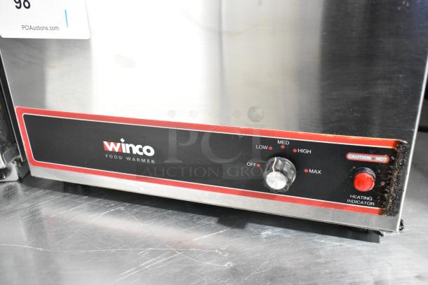 Winco FW-S500 Stainless Steel Food Warmer, 120 Volts, 1 Phase, control dial with heat settings, "Caution: Hot" label.