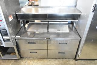 Delfield DD4464N-12-DD4 stainless steel prep table, 4 drawers, overhead shelf, used, 115V, 1-phase, commercial kitchen use.