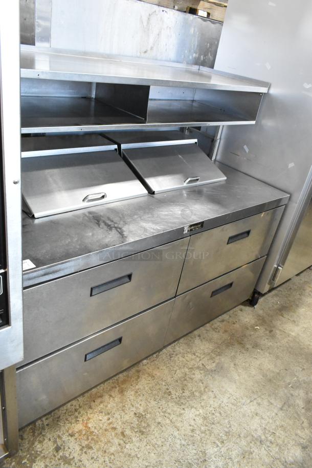 Delfield DD4464N-12-DD4 stainless steel commercial prep table with over shelf, four drawers, 115V, 1 phase.