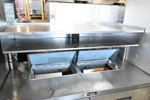 Delfield DD4464N-12-DD4 stainless steel sandwich salad prep table with bain marie, overshelf, 115 volts, 1 phase.